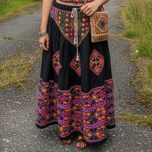 Embroidered Black and Pink Bohemian Skirt